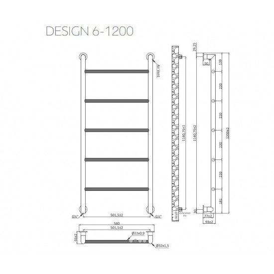 Θερμαντικό σώμα μπάνιου Λευκό DESIGN 6 93×560×1200mm